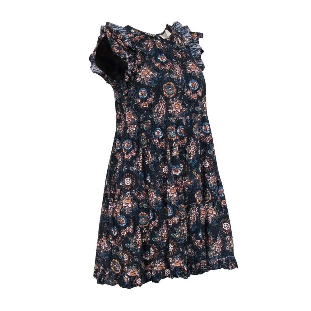 Ulla Johnson - Navy Floral Print Sleeveless Ruffled Mini Dress Sz 4